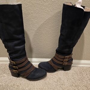Women's Black and Brown Knee-High Boots